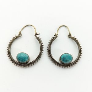 Southwestern Textured Bronze Boho Style Faux Turquoise Hook Hoop Earrings